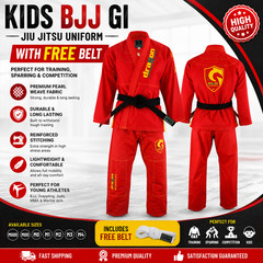 Kids BJJ Gi Red Jiu Jitsu Uniform Martial Arts Training Suit with FREE Belt