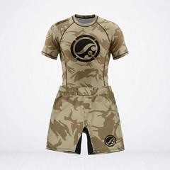 Shoyoroll Training Rash Guard SS (BF20) Tan Camo & Training Fitted Shorts BJJ