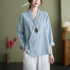 Vintage Diagonal Placket Button-down Shirt Long-sleeved Top Retro Zen
