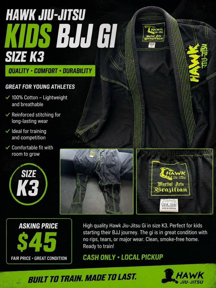 Hawk Jiu-Jitsu Kids Unisex BJJ Gi Set K3 Black/Green Jacket & Pants