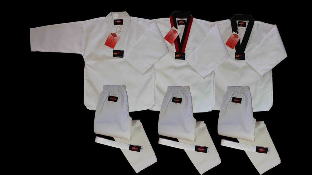 KANKU new Taekwondo Uniform 7.5Oz Adult and Kids WTF, White, black, poom