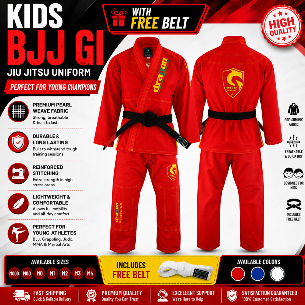 Kids BJJ Gi Red Jiu Jitsu Uniform Martial Arts Training Suit with FREE Belt