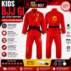 Kids BJJ Gi Red Jiu Jitsu Uniform Martial Arts Training Suit with FREE Belt
