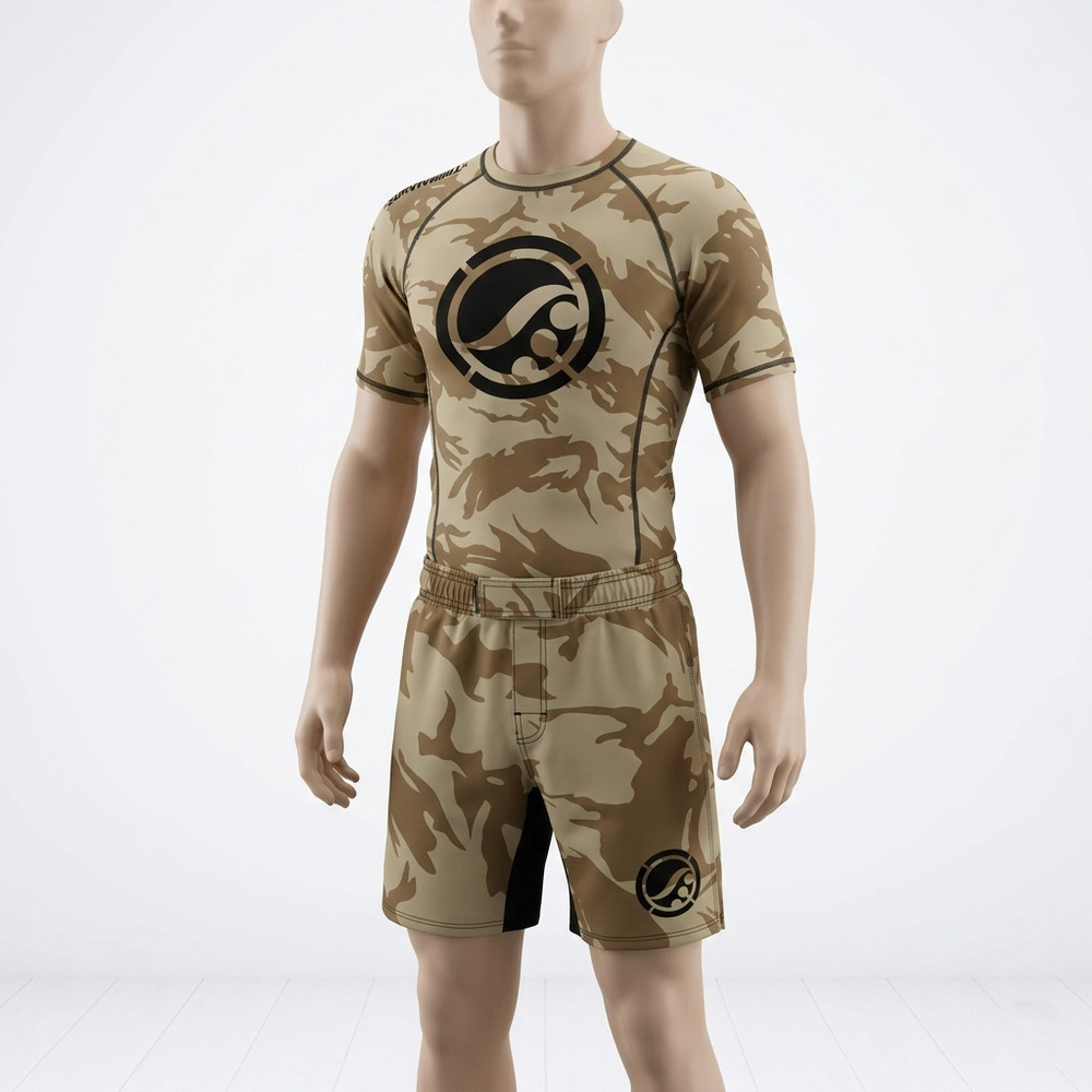 Shoyoroll Training Rash Guard SS (BF20) Tan Camo & Training Fitted Shorts BJJ