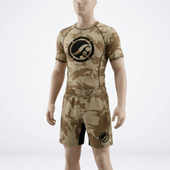 Shoyoroll Training Rash Guard SS (BF20) Tan Camo & Training Fitted Shorts BJJ