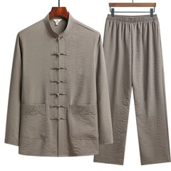 Mens Tang Suit Shirt + Pant Long Sleeve Kung Fu Uniform Chinese Style Tai Chi