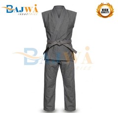 Sleeveless Grey Karate Uniform Gi with Belt Breathable Cotton-Poly Blend Martial