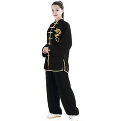 One Suit Unisex Cotton Silk Dragon Embroidery Long Sleeves Tai Chi Uniform Suit