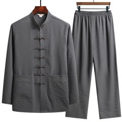 Men Chinese Tang Suit Kung Fu Tai Chi Set Long Sleeve Shirt and Pant Uniform