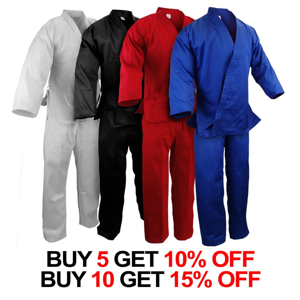 New Martial Arts Karate 7.5 oz Gi Uniform w/White Belt WH/BK/RED/BLUE, #0000~#10