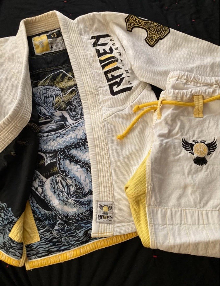 Raven Fightwear Women’s Size F2 White Yellow BJJ Gi with Thor VS Jörmungandr