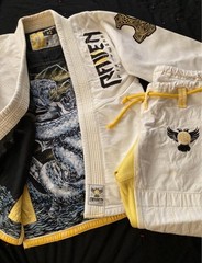 Raven Fightwear Women’s Size F2 White Yellow BJJ Gi with Thor VS Jörmungandr