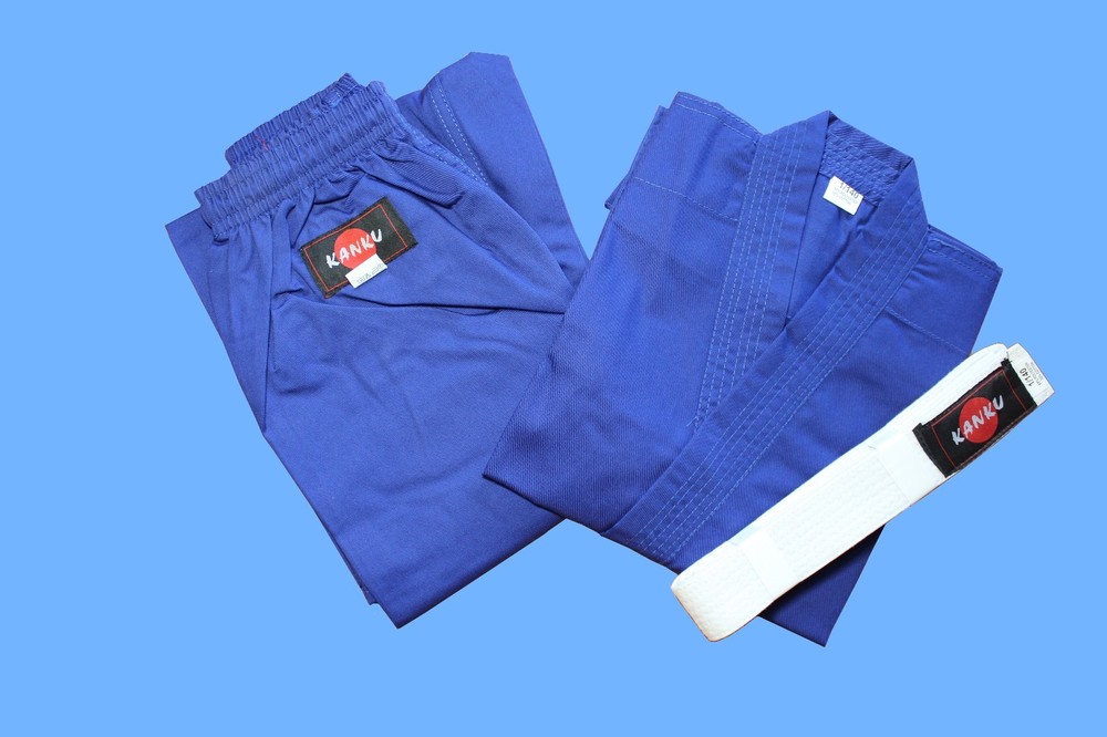 KANKU NEW Blue Karate Uniform, Gi 7.5 oz Adult Kids w/White belt Tae Kwon Do