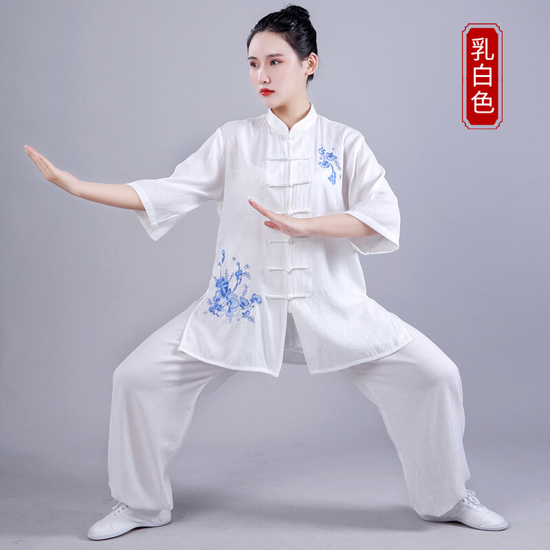 Womens Martial Arts Tai Chi Uniform Loose Kung Fu Suit Sets Flower Embroidery