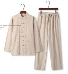 Chinese Traditional Tang Suit Kung Fu Tai Chi Uniform Men Linen Shirt+Pants Set