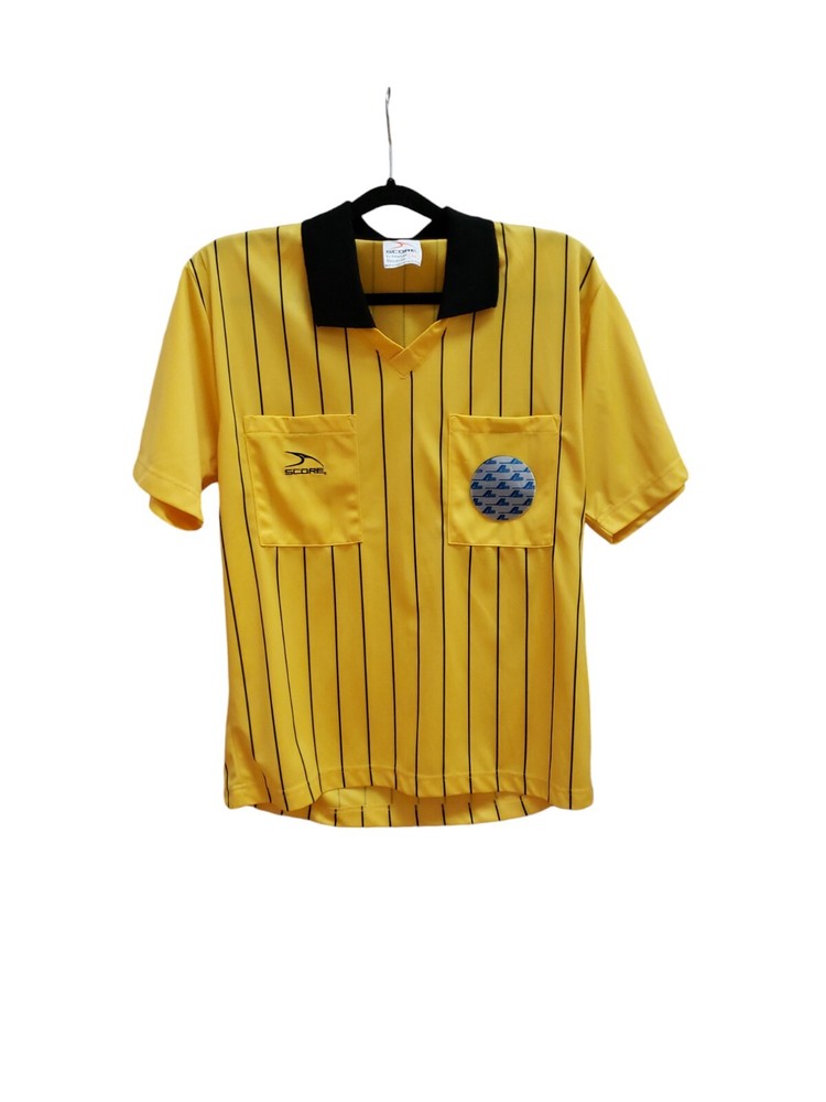 Score Soccer Shirt Adult Size S Yellow Black Striped Short Sleeve