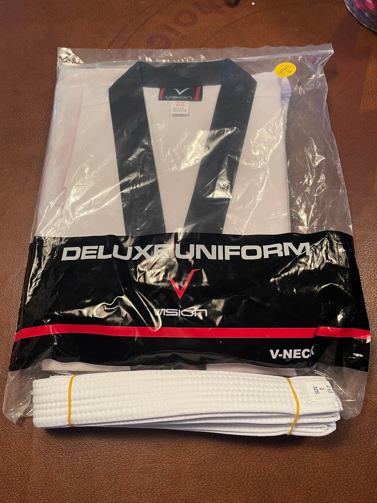 Vision Taekwondo Uniform Sz 3/170 V-Neck + White Belt – New & Sealed
