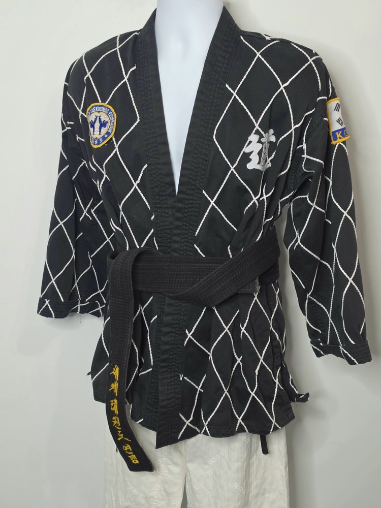 Vintage Taekwondo Jacket Black Belt Korea USA Patches Martial Arts Uniform