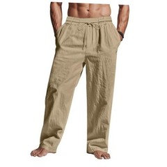 Men Casual Cotton Linen Pants, Elastic Drawstring Waist Large Dark Khaki