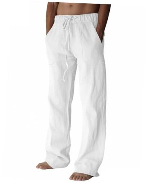 Men’s Linen Pants Summer Cotton Beach Trousers Casual Lightweight Medium White