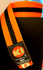 KI International Karate Belt Orange Black Stripe Size 0 75.5”