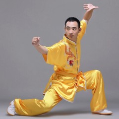 Silk Kung Fu Tai Chi Uniform Martial Arts Suit Outfit Dragon Embroidery 4 Colors