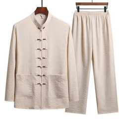 Men Chinese Tang Suit Kung Fu Tai Chi Set Long Sleeve Shirt and Pant Uniform