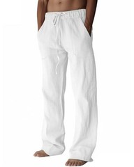 Men’s Linen Pants Summer Cotton Beach Trousers Casual Lightweight Medium White
