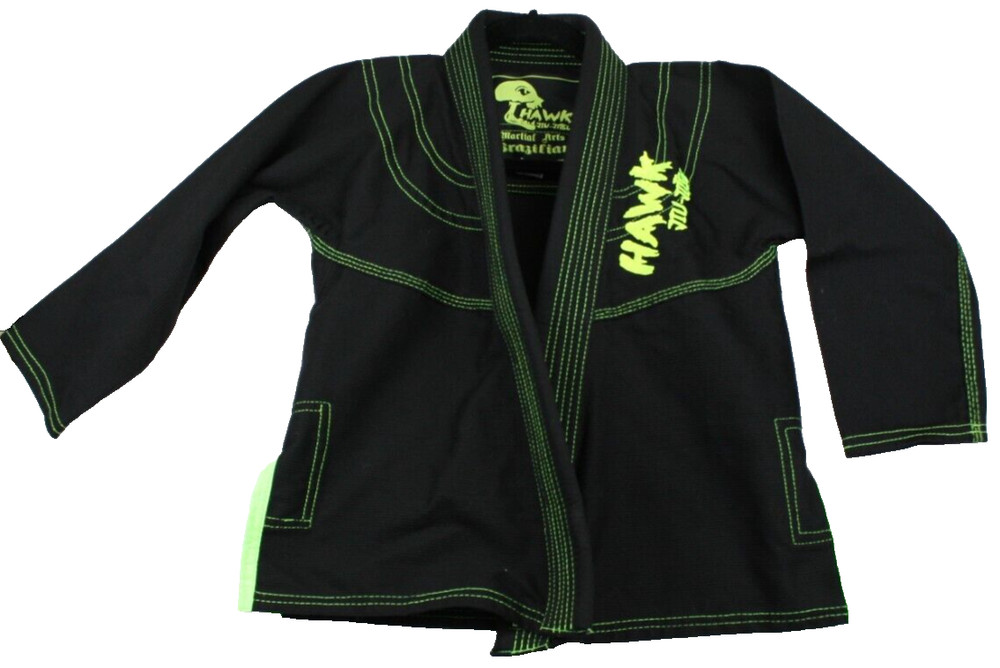 Hawk Brazilian Jiu Jitsu Gi Kids K00 Martial Arts Jacket Black Green Accents