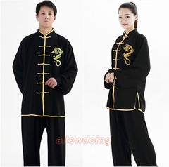 One Suit Unisex Cotton Silk Dragon Embroidery Long Sleeves Tai Chi Uniform Suit