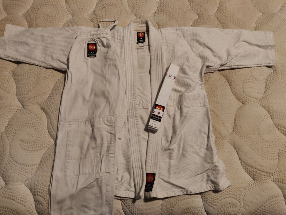 Ki International Judo GI White Pants Jacket With New Belt Size 1 100% Cotton