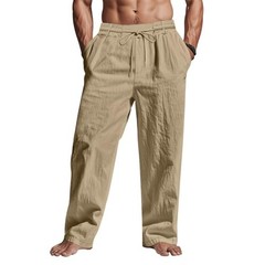 Men Casual Cotton Linen Pants, Elastic Drawstring Waist Large Dark Khaki