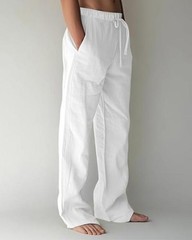 Men’s Linen Pants Summer Cotton Beach Trousers Casual Lightweight Medium White