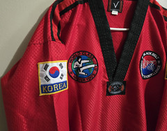 Adult VISION Taekwondo Gi Uniform Size 4/180, RED, Master Yoo Black Belt Patches