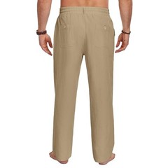 Men Casual Cotton Linen Pants, Elastic Drawstring Waist Large Dark Khaki