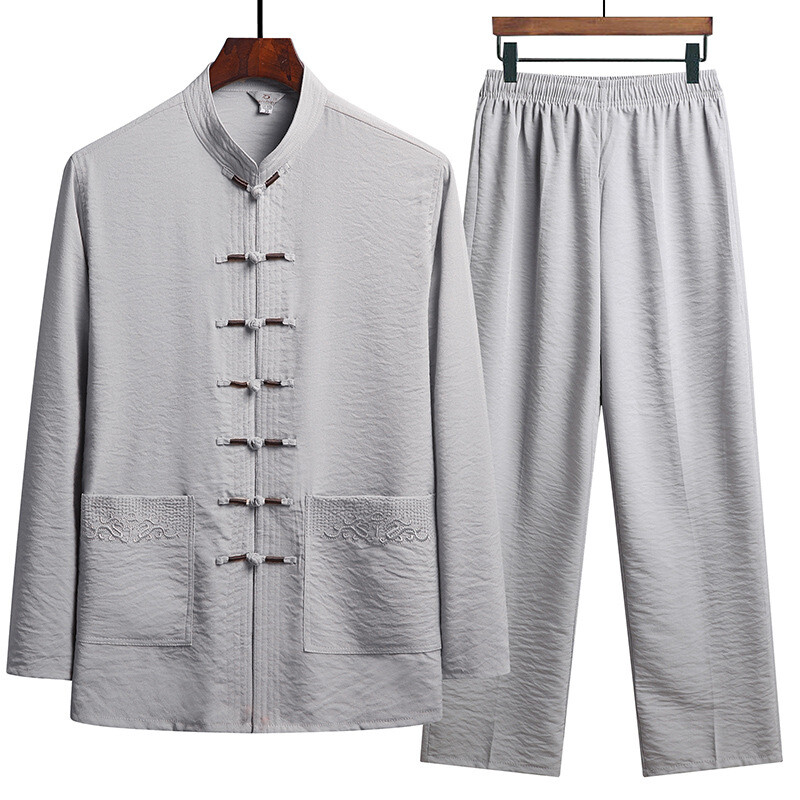 Men Chinese Tang Suit Kung Fu Tai Chi Set Long Sleeve Shirt and Pant Uniform