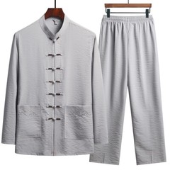 Men Chinese Tang Suit Kung Fu Tai Chi Set Long Sleeve Shirt and Pant Uniform