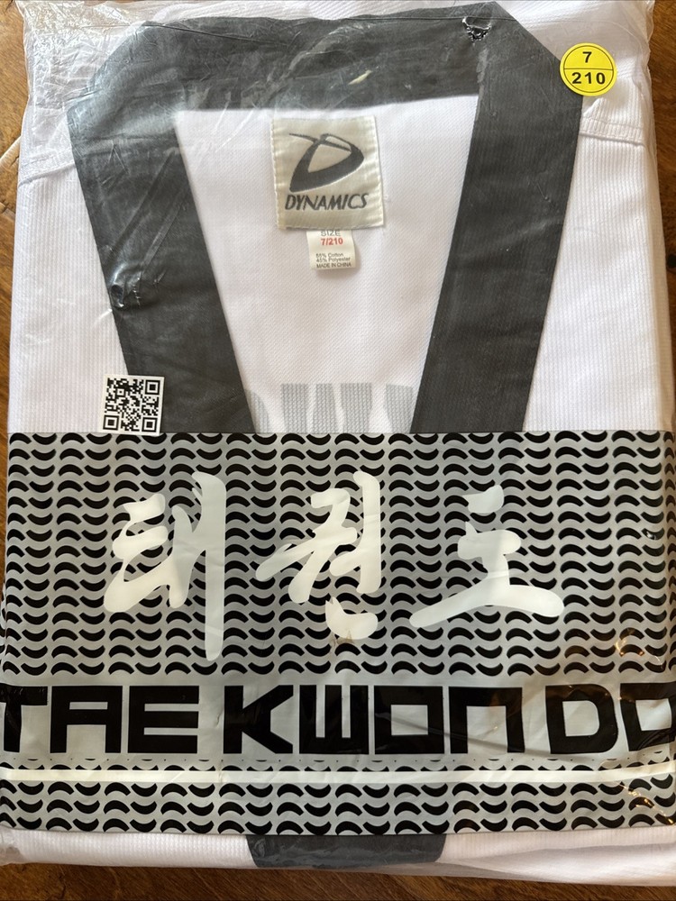 Dynamics White with Black trim V-neck Taekwondo Uniform Size 7 (210 Cm)