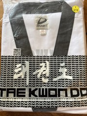 Dynamics White with Black trim V-neck Taekwondo Uniform Size 7 (210 Cm)