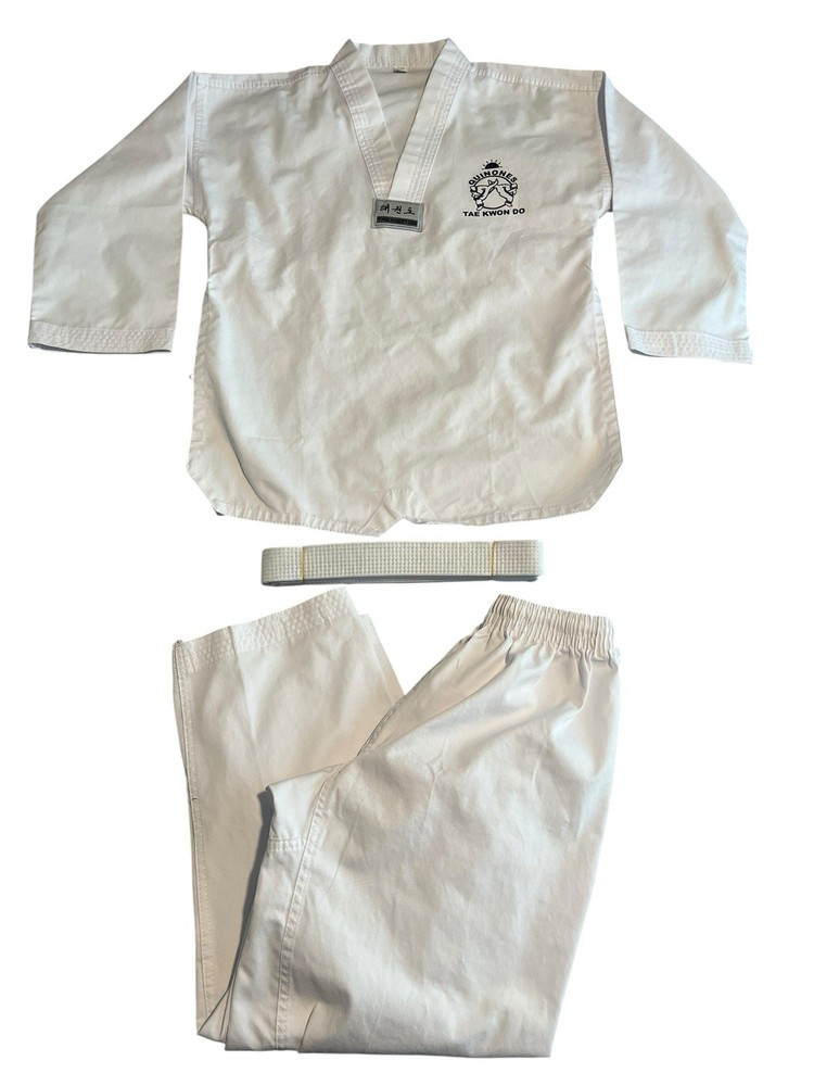 Taekwondo Gi Set Quinones 0/140 Youth Large White Uniform Top Pants White Belt