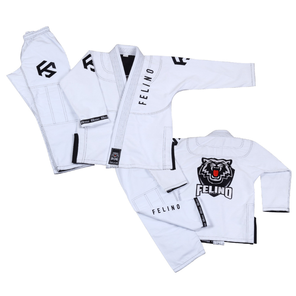 Felino White Kid Premium BJJ Gi Uniform Pearl Weave Brazilian Jiu Jitsu Kimono