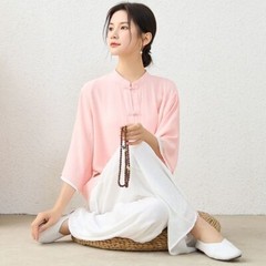 Yoga Suit Cotton and Linen Zen Suit Stand-up Collar Medium-sleeved Top