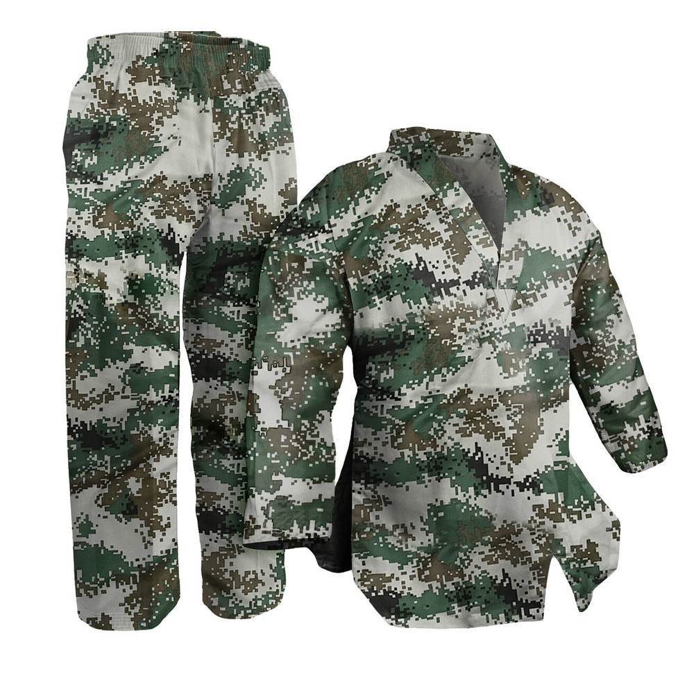 V-Neck Green Digital Camo Taekwondo Karate Gi Uniform Team Demo Martial Arts Set