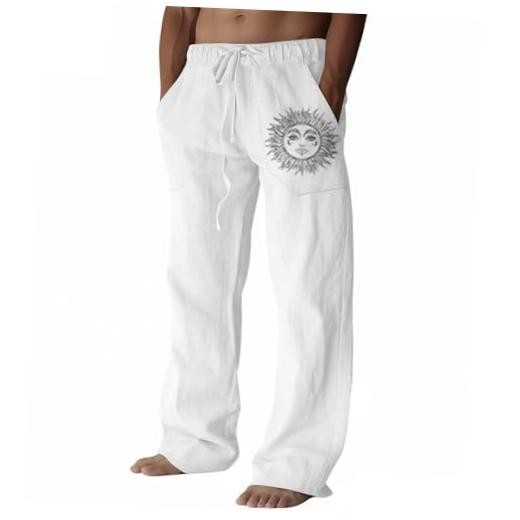 Cotton Linen Pants Men, Summer Beach Pants Loose Fit with Elastic Large White