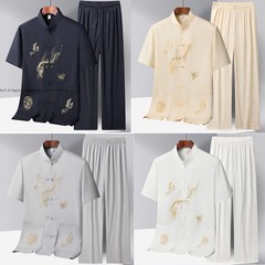 Mens Retro Tang Suit Hanfu Summer Chinese T-Shirt Pants Sets Tai Chi Embroidered