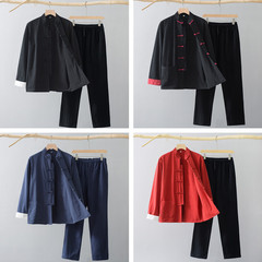 Men Chinese Traditional Linen Cotton Tai Chi Kung Fu Uniform buckle Shirt+pants