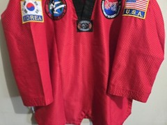 Adult VISION Taekwondo Gi Uniform Size 4/180, RED, Master Yoo Black Belt Patches