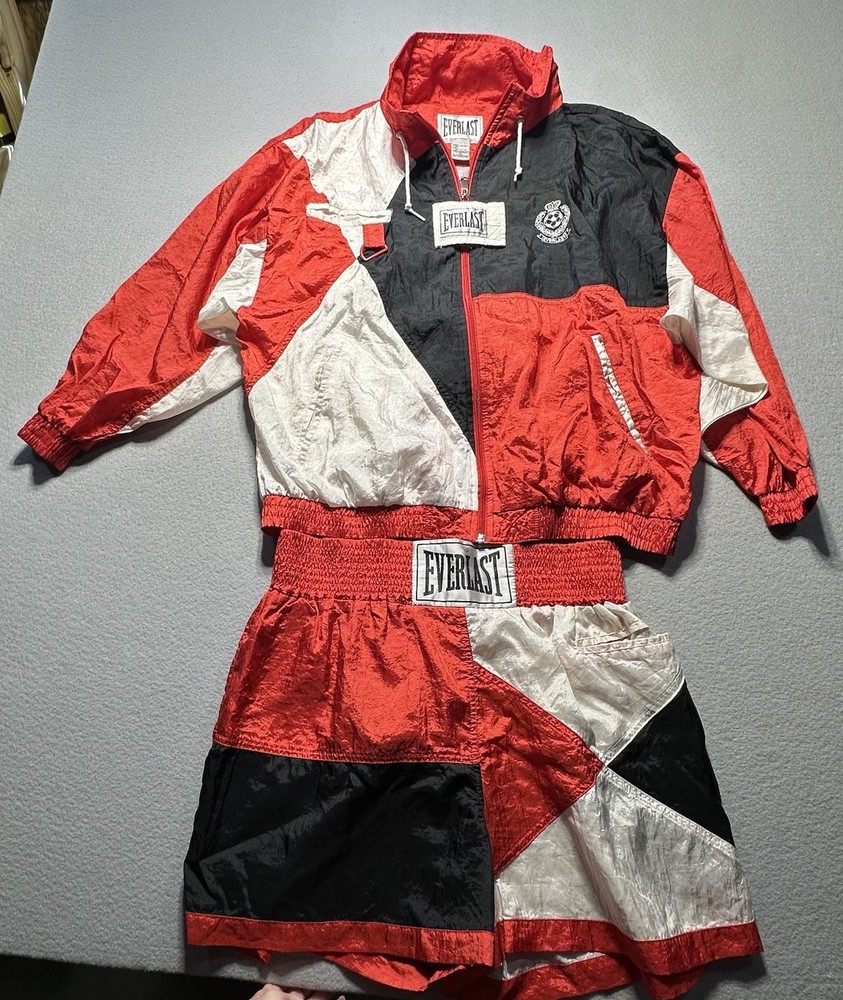 Vintage Everlast Youth XL Boxing Warm Up Set Red Black Nylon Jacket Shorts 90s