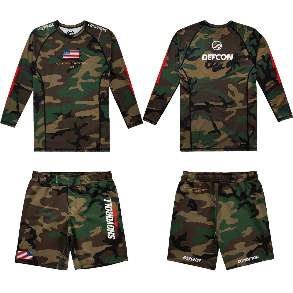 Shoyoroll x Defcon Camo Rash Guard LS & Training Fitted Shorts Bjj No Gi MMA Set