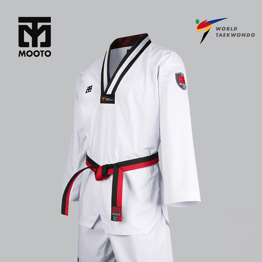 Mooto 1st Dan Black Belt Kukkiwon Taekowndo Kid Uniform Dobok Gi White Stripe